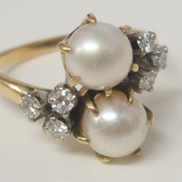 Estate 14K Akoya Pearls Diamond Ring Size 6 - Picture 8 of 12